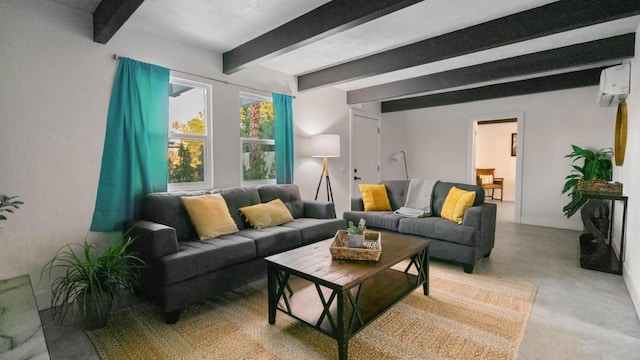 living room with beam ceiling, a wall mounted AC, and concrete floors