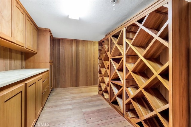 wine room with light wood finished floors and wooden walls