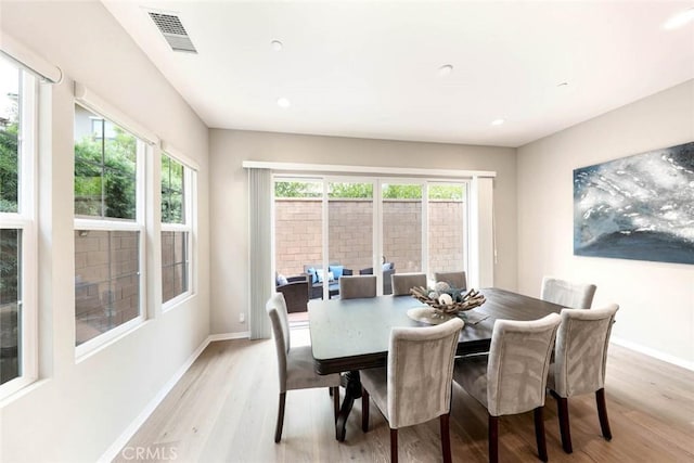 dining room featuring light wood-type flooring and a wealth of natural light