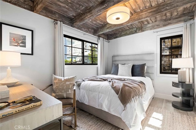 bedroom featuring light wood-type flooring, beamed ceiling, and wooden ceiling