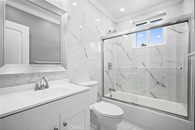 full bathroom with vanity, bath / shower combo with glass door, crown molding, toilet, and tasteful backsplash