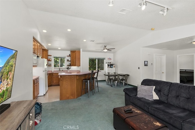 carpeted living room with sink, ceiling fan, and vaulted ceiling