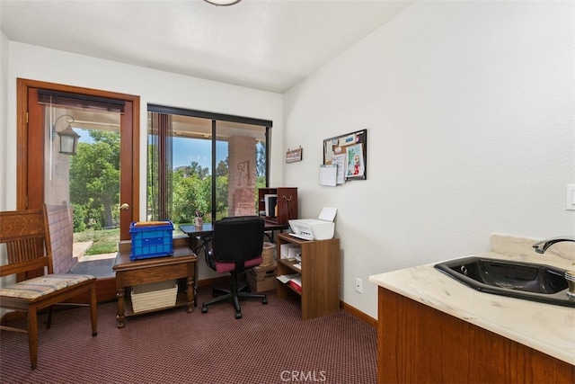 carpeted office space with sink