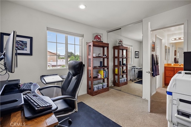 view of carpeted home office