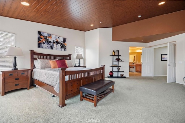 bedroom with wooden ceiling, light carpet, multiple windows, and recessed lighting