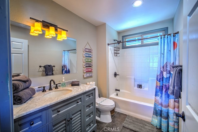 full bathroom with vanity, tile patterned flooring, toilet, and shower / tub combo with curtain