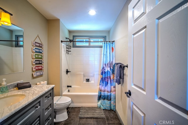 full bathroom with shower / bath combo with shower curtain, tile patterned flooring, vanity, and toilet