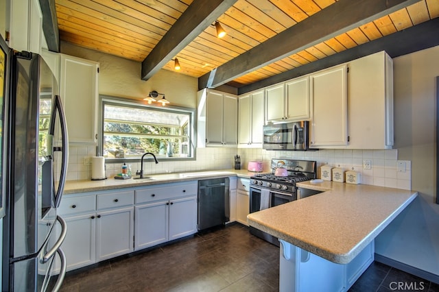 kitchen featuring beamed ceiling, white cabinets, kitchen peninsula, appliances with stainless steel finishes, and wooden ceiling