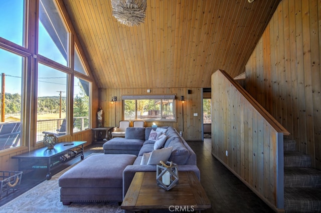 living room featuring high vaulted ceiling, wood-type flooring, wood walls, and wooden ceiling