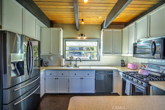 kitchen with tasteful backsplash, sink, white cabinets, appliances with stainless steel finishes, and wooden ceiling