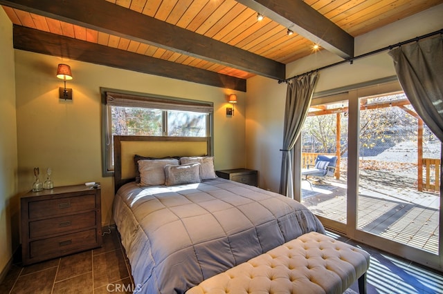 tiled bedroom with multiple windows, access to outside, wood ceiling, and beamed ceiling