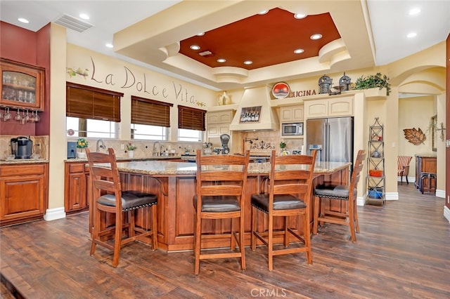 kitchen with a kitchen bar, appliances with stainless steel finishes, a tray ceiling, and a large island