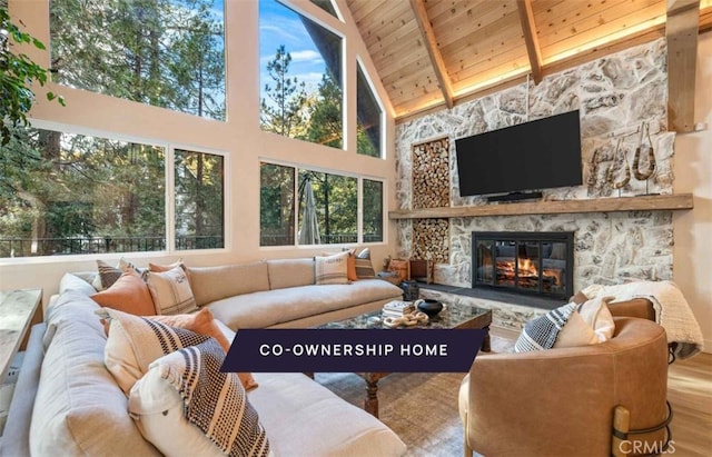 living room featuring wood ceiling, high vaulted ceiling, a fireplace, beamed ceiling, and wood-type flooring