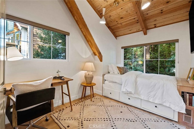 bedroom with light wood-type flooring, wood ceiling, and lofted ceiling with beams