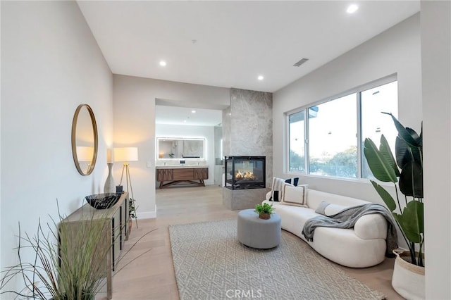 living room with a premium fireplace and light hardwood / wood-style floors