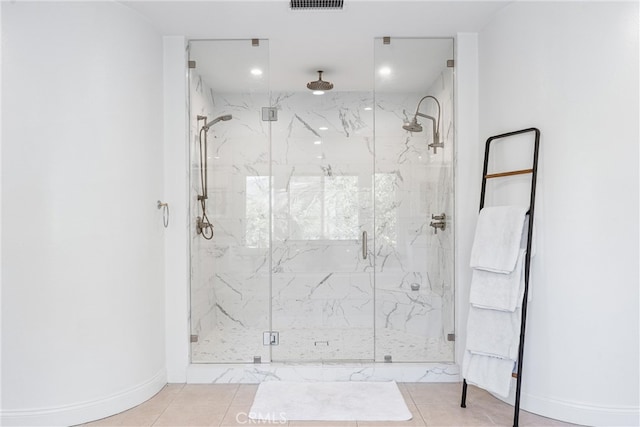 full bathroom featuring visible vents, a marble finish shower, baseboards, and recessed lighting