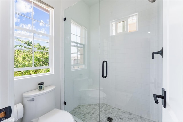 full bathroom featuring a stall shower and toilet