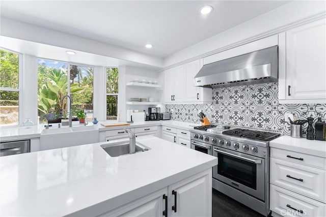 kitchen with a sink, white cabinetry, light countertops, double oven range, and wall chimney exhaust hood