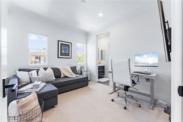 carpeted office featuring crown molding and baseboards