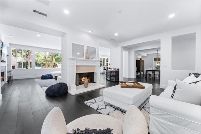 living area featuring baseboards, visible vents, wood finished floors, a fireplace, and recessed lighting