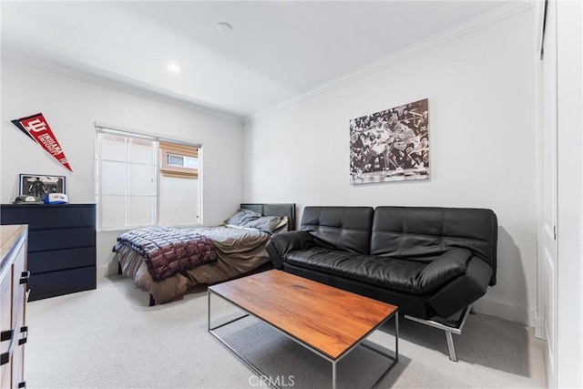 bedroom with baseboards, recessed lighting, light colored carpet, and crown molding