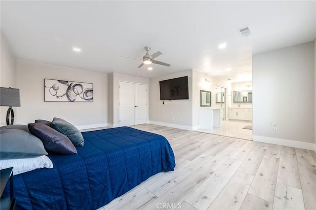 4806 W Concord Ave, Visalia, CA 93277 - bedroom featuring light wood-style flooring, baseboards, recessed lighting, a closet, and a ceiling fan
