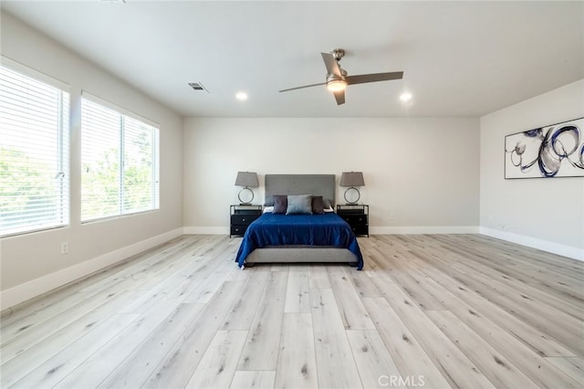 bedroom featuring ceiling fan and light hardwood / wood-style flooring