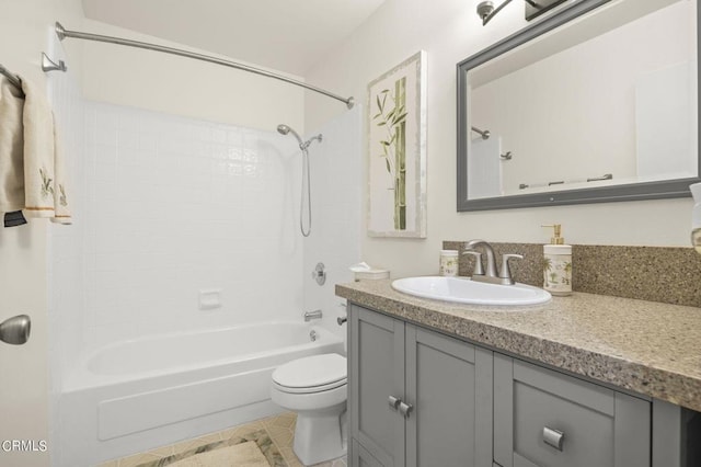 full bathroom featuring toilet, shower / bathing tub combination, tile patterned floors, and vanity