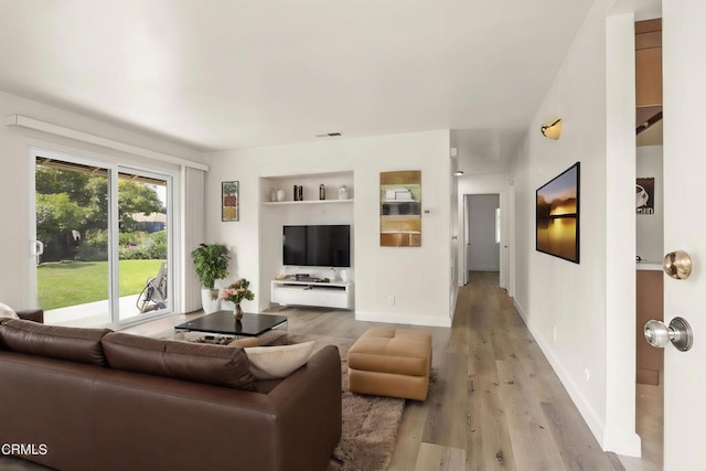 living room featuring light hardwood / wood-style flooring and built in features