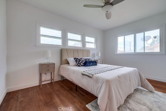 bedroom featuring ceiling fan, dark wood-type flooring, and multiple windows