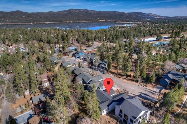 birds eye view of property with a view of trees and a water and mountain view