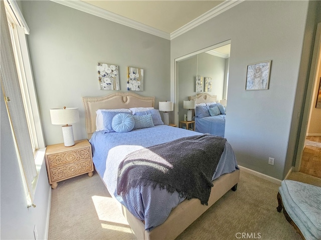 carpeted bedroom with multiple windows, a closet, and ornamental molding