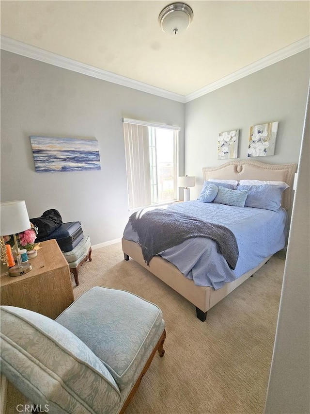 carpeted bedroom with crown molding