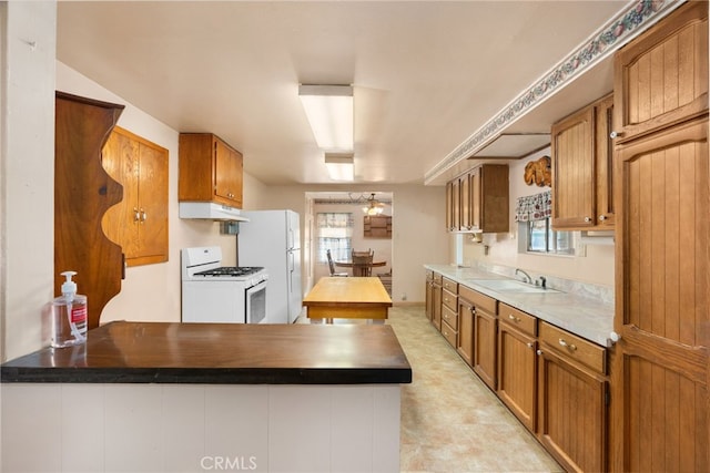 kitchen featuring brown cabinetry, a sink, a peninsula, white appliances, and under cabinet range hood