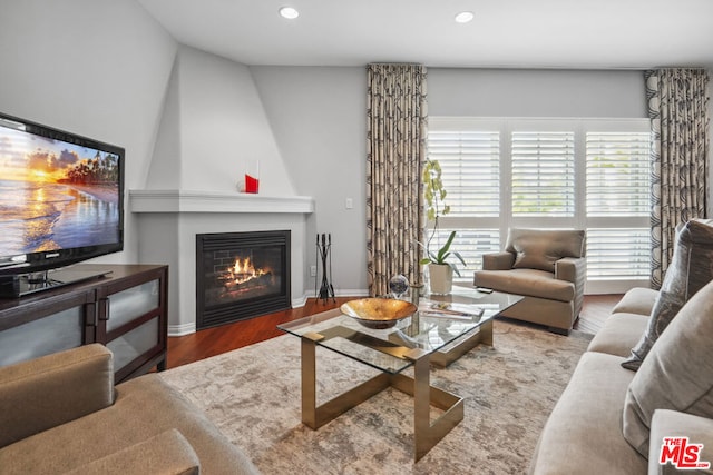 living room featuring a fireplace, hardwood / wood-style floors, and vaulted ceiling