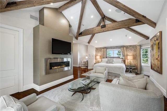 bedroom featuring beam ceiling, dark hardwood / wood-style floors, and high vaulted ceiling