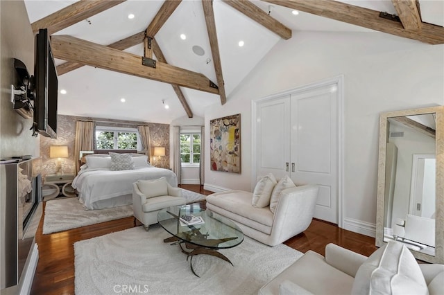 bedroom with high vaulted ceiling, beamed ceiling, and dark wood-type flooring