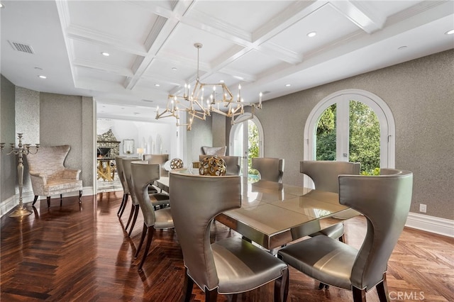 dining area with parquet flooring, coffered ceiling, beamed ceiling, and an inviting chandelier