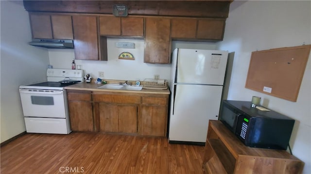 kitchen featuring white appliances, range hood, sink, and dark hardwood / wood-style flooring