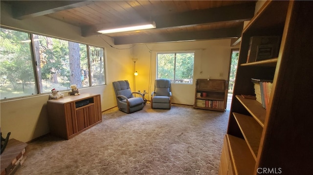 living area with wood ceiling, beamed ceiling, and carpet flooring