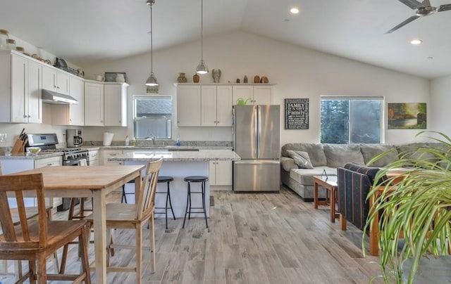 kitchen with white cabinetry, stainless steel appliances, light hardwood / wood-style flooring, and hanging light fixtures