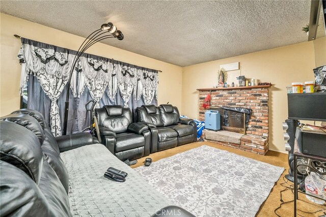 carpeted living room featuring a brick fireplace and a textured ceiling