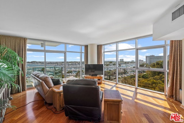 living room with hardwood / wood-style flooring, a healthy amount of sunlight, and floor to ceiling windows