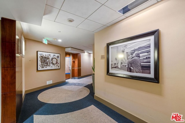 hallway with a drop ceiling and carpet flooring