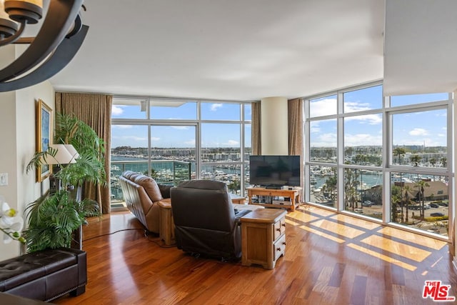 living room with a wall of windows and hardwood / wood-style floors