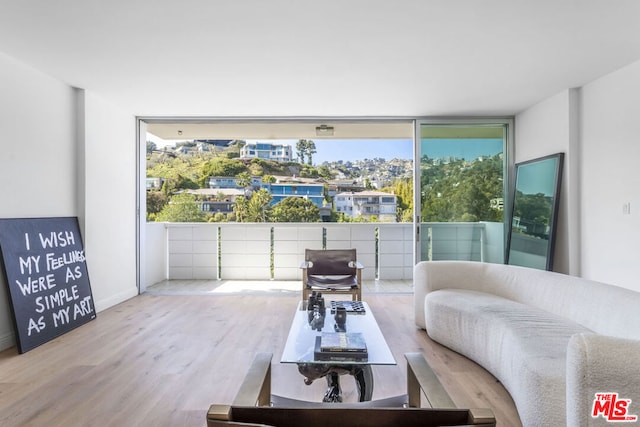 living room featuring wood-type flooring and floor to ceiling windows