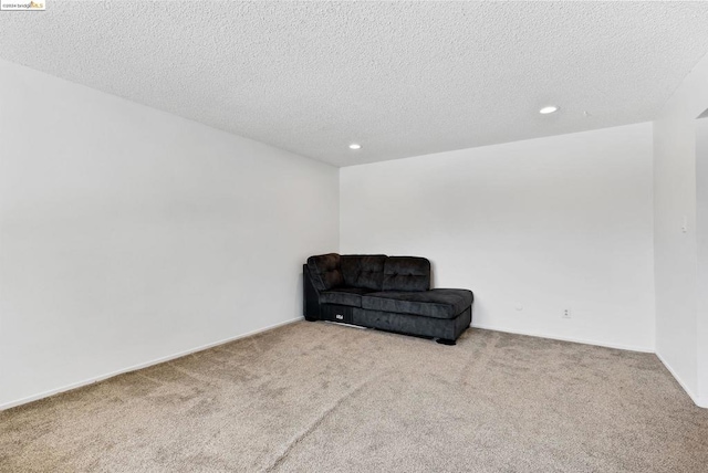 living area with light colored carpet and a textured ceiling