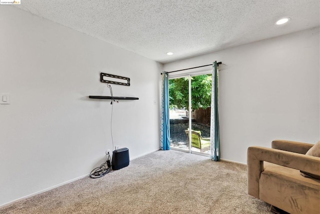 living area with carpet flooring and a textured ceiling