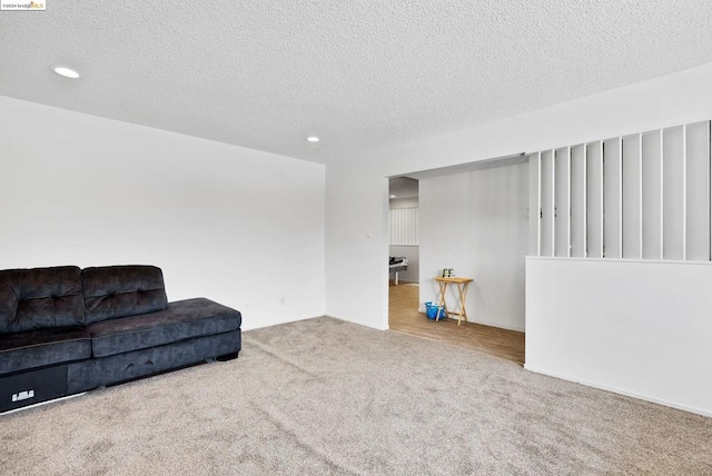 sitting room with light colored carpet and a textured ceiling