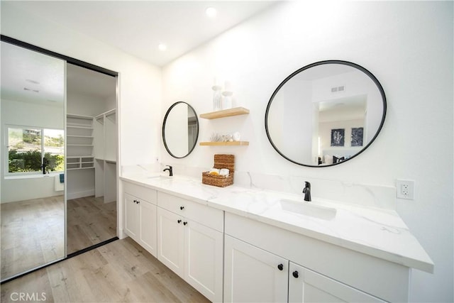 bathroom with hardwood / wood-style flooring and vanity